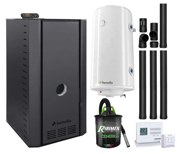 Pachet cazan pe peleti Fornello SERENA B, 25 kw, complet echipat cu pompa, vas expansiune, supapa siguranta, telecomanda, arzator fonta, boiler, termostat, aspirator, kit evacuare 3.5 ml, pana la 150 mp