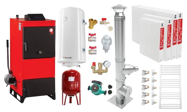 Pachet Centrala pe combustibil solid Fiama D2-25 Putere 29 kW, cu Ventilator si Automatizare, Cos inox, Radiatoare Otel, Boiler Termoelectric, Pompa, Vas Expansiune si Fitinguri