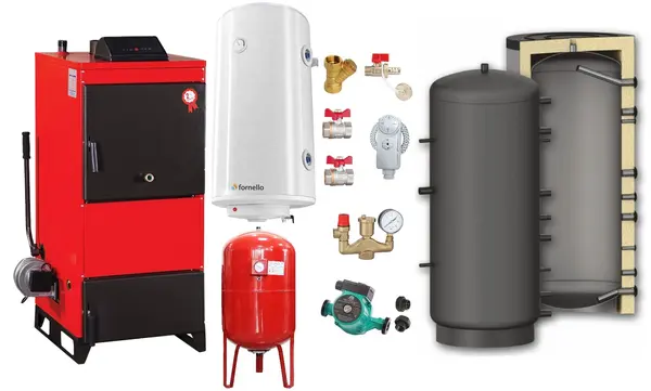 Pachet Centrala pe combustibil solid Fiama D2-40 Putere 46 kW, cu Ventilator si Automatizare, Puffer 1000 litri, Boiler Termoelectric, Pompa, Vas Expansiune si Fitinguri