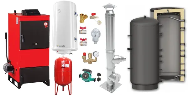 Pachet Centrala pe combustibil solid Fiama D2-40 Putere 46 kW, cu Ventilator si Automatizare, Puffer 1000 litri, Cos inox, Boiler Termoelectric, Pompa, Vas Expansiune si Fitinguri