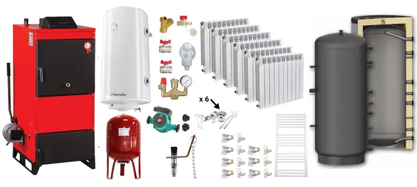 Pachet Centrala pe combustibil solid Fiama D2-40 Putere 46 kW, cu Ventilator si Automatizare, Puffer 1000 litri, Calorifere Aluminiu Fornello Alvo, Boiler Termoelectric, Pompa, Vas Expansiune si Fitinguri