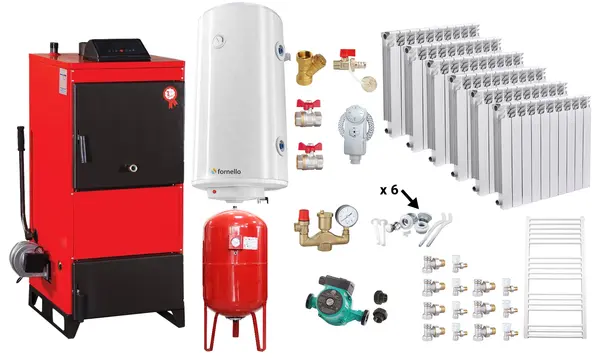 Pachet Centrala pe combustibil solid Fiama D2-60 Putere 70 kW, cu Ventilator si Automatizare, Calorifere aluminiu Fornello Alvo, Boiler Termoelectric, Pompa, Vas Expansiune si Fitinguri