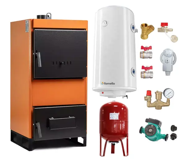 Pachet Centrala pe combustibil solid Fiama W 25 kW, Boiler Termoelectric, Vas Expansiune, Pompa si Fitinguri Montaj
