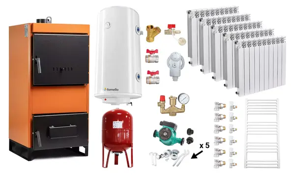 Pachet Centrala pe combustibil solid Fiama W 25 kW, Calorifere aluminiu Fornello Alvo, Boiler Termoelectric, Vas Expansune, Pompa si Fitinguri Montaj