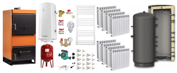 Pachet Centrala pe combustibil solid Fiama W 45 kW, Puffer 1000 litri, Calorifere aluminiu Fornello Alvo, Boiler Termoelectric, Vas Expansune, Pompa si Fitinguri Montaj
