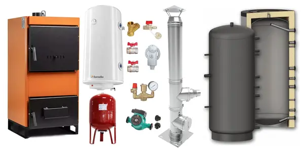 Pachet Centrala pe combustibil solid Fiama W 45 kW, Puffer 1000 litri, Cos inox, Boiler Termoelectric, Vas Expansune, Pompa si Fitinguri Montaj