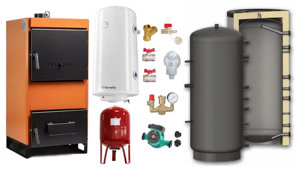 Pachet Centrala pe combustibil solid Fiama W 45 kW, Puffer 1000 litri, Boiler Termoelectric, Vas Expansune, Pompa si Fitinguri Montaj