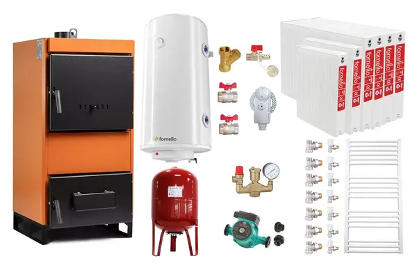 Pachet Centrala pe combustibil solid Fiama W 45 kW, Radiatoare Otel, Boiler Termoelectric, Vas Expansune, Pompa si Fitinguri Montaj
