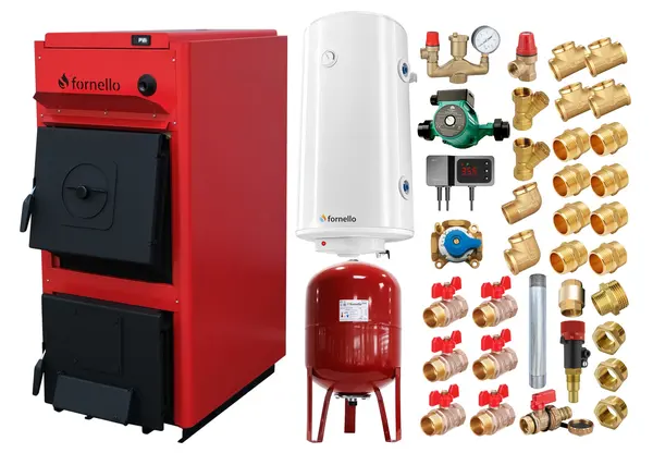 Pachet centrala pe combustibil solid Fornello T-PRO 25 kW, boiler, vas expansiune, fitinguri si accesorii de baza