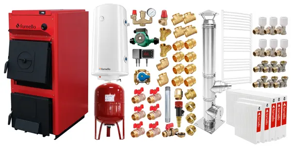 Pachet centrala pe combustibil solid Fornello T-PRO 25 kW, cos inox, radiatoare otel, boiler, vas expansiune, fitinguri si accesorii de baza