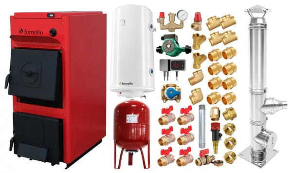 Pachet centrala pe combustibil solid Fornello T-PRO 25 kW, cos inox, boiler, vas expansiune, fitinguri si accesorii de baza