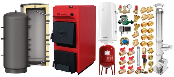Pachet centrala pe combustibil solid Fornello T-PRO 25 kW, cos inox, puffer, boiler, vas expansiune, fitinguri si accesorii de baza