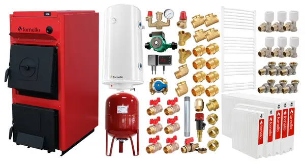 Pachet centrala pe combustibil solid Fornello T-PRO 35 kW, radiatoare otel, boiler, vas expansiune, fitinguri si accesorii de baza