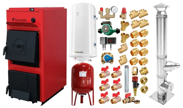 Pachet centrala pe combustibil solid Fornello T-PRO 40 kW, cos inox, boiler, vas expansiune, fitinguri si accesorii de baza