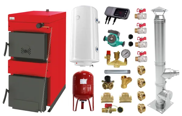Pachet Centrala pe combustibil solid Sunsystem Burnit NWB 25 kW, cos inox, boiler termoelectric, vas expansiune, pompa circulare, controller pompa, fitinguri montaj