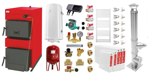 Pachet Centrala pe combustibil solid Sunsystem Burnit NWB 25 kW, cos inox, calorifere, boiler termoelectric, vas expansiune, pompa circulare, controller pompa, fitinguri montaj