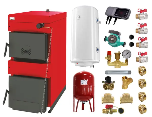 Pachet Centrala pe combustibil solid ​Sunsystem Burnit NWB 30 kW, boiler termoelectric, vas expansiune, pompa circulare, controller pompa, fitinguri montaj