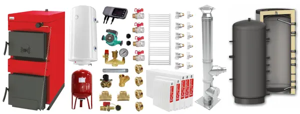 Pachet Centrala pe combustibil solid Sunsystem Burnit NWB 35 kW, puffer, cos inox, calorifere, boiler termoelectric, vas expansiune, pompa circulare, controller pompa, fitinguri montaj