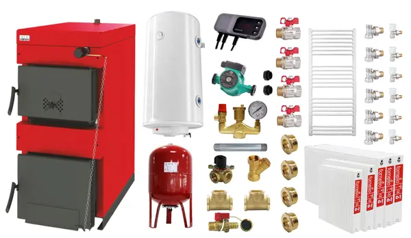 Pachet Centrala pe combustibil solid ​Sunsystem Burnit NWB 35 kW, calorifere, boiler termoelectric, vas expansiune, pompa circulare, controller pompa, fitinguri montaj