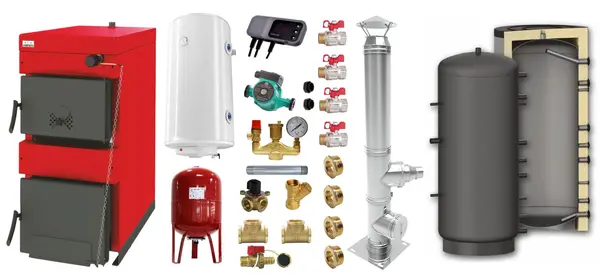 Pachet Centrala pe combustibil solid ​Sunsystem Burnit NWB 45 kW, cos inox, puffer, boiler termoelectric, vas expansiune, pompa circulare, controller pompa, fitinguri montaj