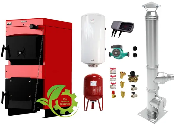 Pachet Centrala pe combustibil solid Sunsystem Burnit NWB MAX 55 kW, cos inox, boiler termoelectric, vas expansiune, pompa circulare, controller pompa, fitinguri montaj