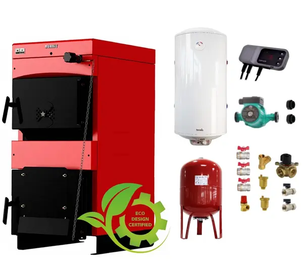 Pachet Centrala pe combustibil solid ​Sunsystem Burnit NWB MAX 55 kW, boiler termoelectric, vas expansiune, pompa circulare, controller pompa, fitinguri montaj