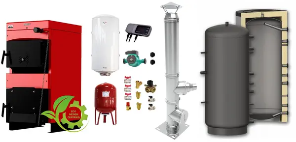 Pachet Centrala pe combustibil solid Sunsystem Burnit NWB MAX 55 kW, puffer, cos inox, boiler termoelectric, vas expansiune, pompa circulare, controller pompa, fitinguri montaj