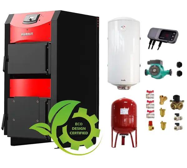 Pachet Centrala pe combustibil solid ​Sunsystem Burnit NWB PRIME 30 kW, boiler termoelectric, vas expansiune, pompa circulare, controller pompa, fitinguri montaj