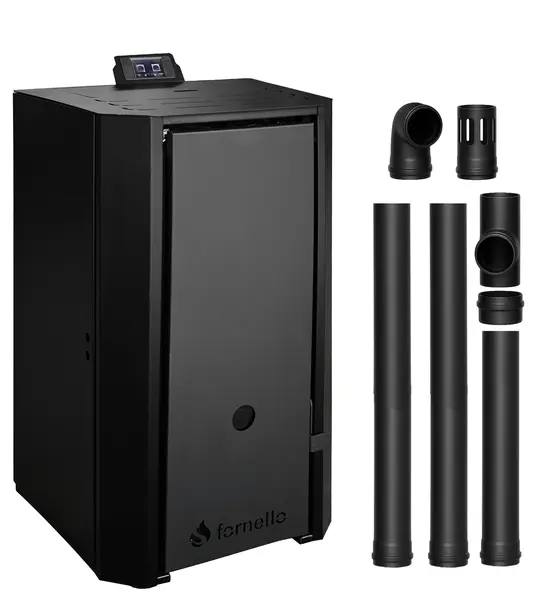 Pachet Centrala pe peleti Fornello EVA B Black 25 KW, pompa circulatie, vas expansiune, Grup siguranta, WI-FI, buncar, tiraj fortat, kit evacuare 2.5 ml, Clasa A++, recomandat pentru 160 mp, Negru