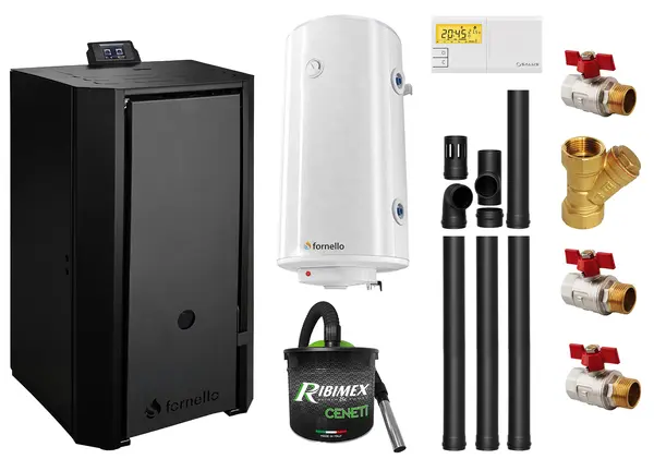 Pachet Centrala pe peleti Fornello EVA B Black 30 KW, pompa circulatie, vas expansiune, WI-FI, buncar, tiraj fortat, kit evacuare 3.5 ml, termostat, aspirator, boiler 100L si Fitinguri montaj