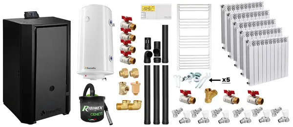 Pachet Centrala pe peleti Fornello EVA B Black 30 KW, pompa circulatie, vas expansiune, WI-FI, buncar, tiraj fortat, kit evacuare 3.5 ml, termostat, aspirator, boiler 100L, Radiatoare Aluminiu si Fitinguri montaj