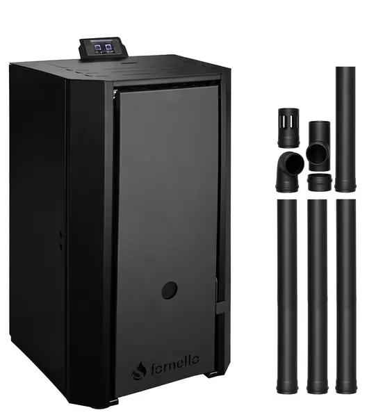 Pachet Centrala pe peleti Fornello EVA B Black 30 KW, pompa circulatie, vas expansiune, Grup siguranta, WI-FI, buncar, tiraj fortat, kit evacuare 3.5 ml, Clasa A++, recomandat pentru 200 mp, Negru
