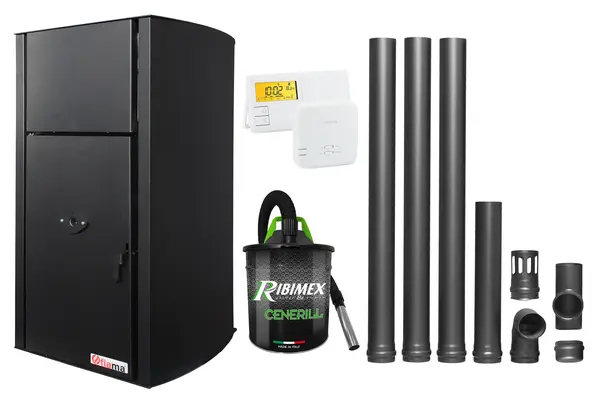 Pachet Centrala pe peleti Fornello Fiama Confort B 25 kw, complet echipata pentru incalzire, Pompa, Vas expansiune, Automatizare, Termostat Radio Comanda Salus 091FLRFV2, Aspirator Cenusa si Kit evacuare 3.5 ml