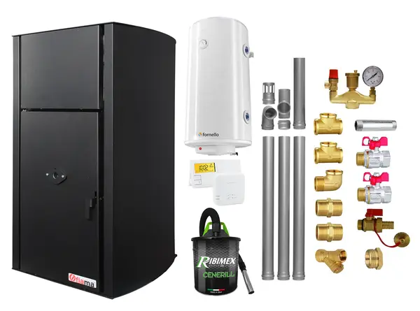 Pachet Centrala pe peleti Fornello Fiama Confort B 25 kw, complet echipata pentru incalzire, Pompa, Vas expansiune, Automatizare, Boiler 100 litri, Termostat Radio Comanda Salus 091FLRFV2, Aspirator, Kit evacuare 3.5 ml si Fitinguri montaj