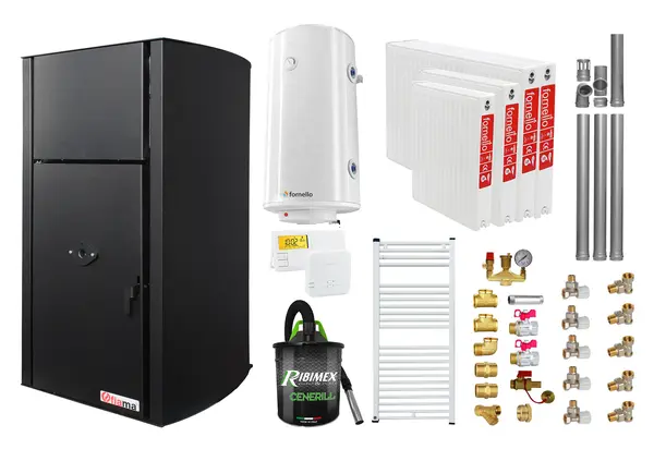Pachet Centrala pe peleti Fornello Fiama Confort B 25 kw, complet echipata pentru incalzire, Pompa, Vas expansiune, Automatizare, Radiatoare otel, Boiler 100 litri, Termostat, Aspirator, Kit 3.5 ml si Fitinguri montaj