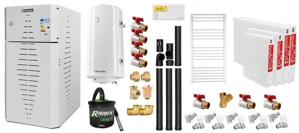 Pachet centrala pe peleti Fornello INCANTO COMPACT 35 kW, pompa electronica, vas expansiune, arzator inox, grup de siguranta, kit evacuare 3.5 ml, termostat, aspiratior, boiler 100L, Radiatoare otel si Fitinguri montaj