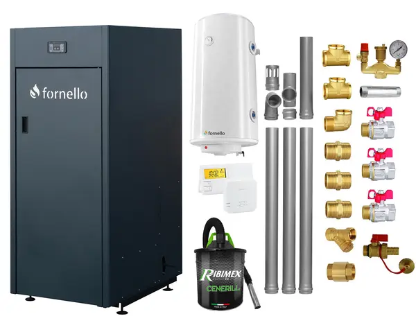 Pachet Centrala pe peleti Fornello King Plus 35 KW, boiler, termostat, aspirator, kit evacuare, fitinguri, pompa de circulatie, vas de expansiune, supapa de siguranta, automatizare, rezervor pentru peleti 145 kg, creuzet din fonta, tiraj fortat