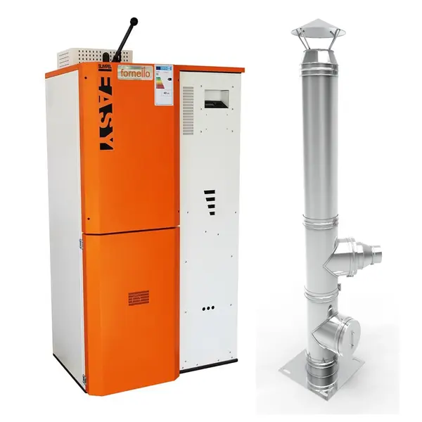 Pachet Centrala pe peleti Fornello Slimpell Easy 40 kw, arzator din inox, pompa de circulatie, tiraj fortat, buncar 88 kg, Ecodesign A+, Cos inox 6 ml 120 mm