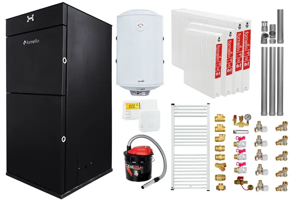 Pachet Centrala peleti Fornello Pellet King 25 kw, complet echipata, pompa circulatie, vas expansiune, automatizare, kit evacuare 3.5 ml, Boiler Termoelectric Fornello 100 l, Termostat Radio Comanda Salus 091FLRFV2, Aspirator, Radiatoare si kit mo