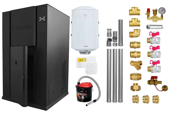 Pachet Centrala peleti Fornello Pellet King 35 kw, complet echipata pentru incalzire, pompa circulatie, vas expansiune, automatizare, kit evacuare 3.5 ml, Boiler Termoelectric Fornello 100 l,Termostat Salus 091FLRFV2, Aspirator si kit montaj