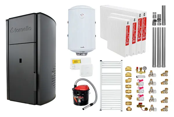 Pachet Centrala peleti Fornello Royal B 25 kw, complet echipata pentru incalzire, pompa circulatie, vas expansiune, automatizare, kit evacuare 3.5 ml, Boiler Termoelectric Fornello 100 l, Termostat Salus 091FLRFV2, Aspirator, Radiatoare si kit mo