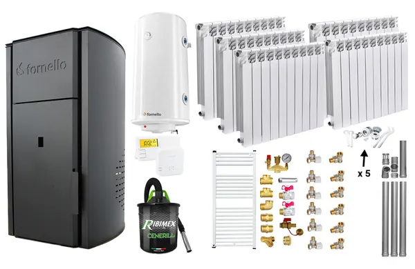 Pachet Centrala peleti Fornello Royal B 25 kw, complet echipata pentru incalzire, pompa circulatie, vas expansiune, automatizare, Calorifere aluminiu Fornello Alvo, Boiler, kit evacuare 3.5 ml, Aspirator Cenusa, Termostat Salu si Fitinguri