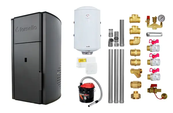 Pachet Centrala peleti Fornello Royal B 25 kw, complet echipata pentru incalzire, pompa circulatie, vas expansiune, automatizare, kit evacuare 3.5 ml, Boiler Termoelectric Fornello 100 l, Termostat Salus 091FLRFV2, Aspirator si kit montaj