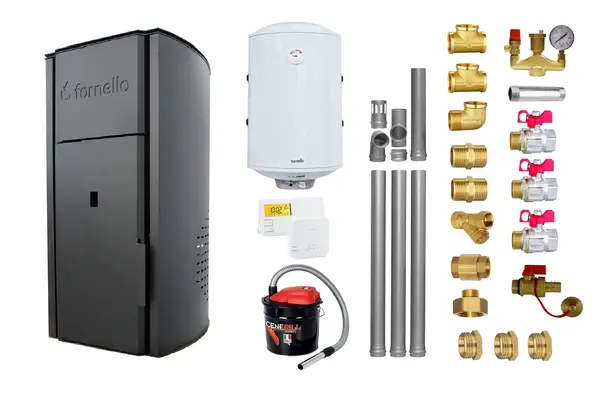 Pachet Centrala peleti Fornello Royal Black 30 kw, complet echipata pentru incalzire, pompa circulatie, vas expansiune, automatizare, kit evacuare 3.5 ml, Boiler Termoelectric Fornello 100 l, Termostat Salus 091FLRFV2, Aspirator si kit montaj