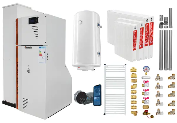 Pachet Centrala termica compacta pe peleti Fornello Rossi Camino Compact Automatic 25 kw, calorifere, boiler, termostat, kit evacuare, fitinguri, pompa de circulatie, vas expansiune, tiraj fortat, curatare automata a arzator si drumuri de fum