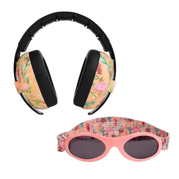 Pachet Combo, Casti Antifonice Banz bebe + Ochelari de Soare Protectie UV, 3 - 36 luni, model floral
