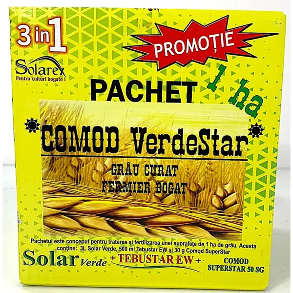 Pachet Comod VerdeStar 1HA, pentru grau, Solarex, pachet erbicid (Comod Superstar 30 gr+ Tebustar EW 500 ml) + ingrasamant foliar (Solar Verde 3L) - Default Title
