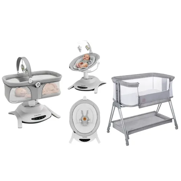 Pachet complet pentru primele zile, Balansoar si landou, Lionelo, Bella, 2 in 1, Rotire 360 grade, Scaun reglabil, 6 miscari unice + Patut co-sleeper, Lionelo, Luna, 2 in 1, Cu laterala culisanta, Cu setare unghiulara, Gri