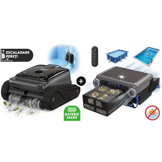 Pachet complet piscina: Robot curatare iHunt BRO Robo Pool SUPREME 110W + iHunt BRO Robo Skimmer Solar pentru Linia Apa Piscina
