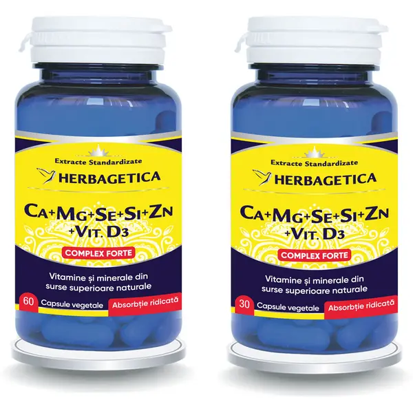Pachet Complex Forte (Ca+Mg+Se+Si+Zn) cu Vitamina D3 60cps+30cps